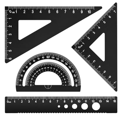 Honagu Triangular Ruler Set, 4 Pieces Aluminum Alloy Ruler, Metal Drafting Ruler, Geometric Protractor for Students, Draftsmen, Engineers, School Office Supplies (Black) - color: Black