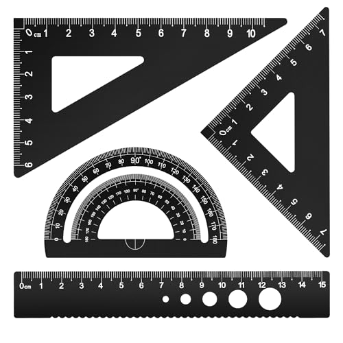 Honagu Triangular Ruler Set, 4 Pieces Aluminum Alloy Ruler, Metal Drafting Ruler, Geometric Protractor for Students, Draftsmen, Engineers, School Office Supplies (Black) - color: Black