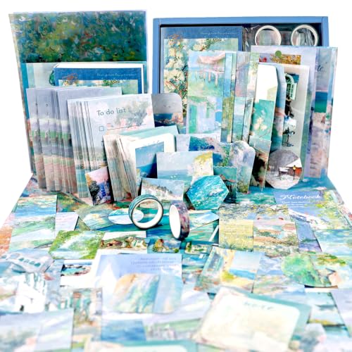 Diuhofart Sea Sketchbook Scrapbooking Kit, 128 Pcs Journal Set | Includes A6 notebook, blue coastal papers, PET stickers, washi tape and ephemera for journals, cards and memory books. - color: Sea Sketchbook