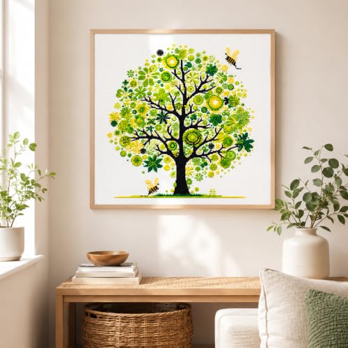 Zhenqing Green Tree of Life Stamped Cross Stitch Kit, 11CT Printed Peace Tree with Bees Pattern, 11.8 x 11.8 Inch DIY Embroidery Kit - color: Green Peace Tree