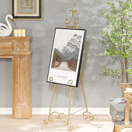 61”H x 20”L x 24”W Metal Extra Large Free Standing Display Stand Easel | Gold Scroll Floor Easel Stand for Sign Wedding Mirror Picture Frame, with Adjustable Chain