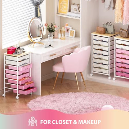 Goovilla Rolling Cart with 8 Drawers for Art, Dorm, Office, Craft, Pink | Utility Cart Organizer With 8 Removable Drawers and Wooden Tabletop, Lockable Rolling Storage Organizer for Classroom, Home - size: Pink