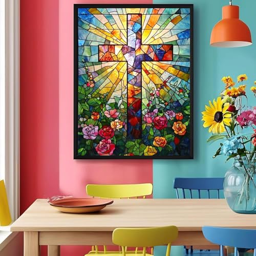 RYMILIE Diamond Art Kits for Adults Stained Glass Cross12x16inch | 5D Stress Relief Diamond Painting Kit for Beginners, DIY Full Round Drill Gem Art Crafts for Home Wall Decor Gift - color: DP03880