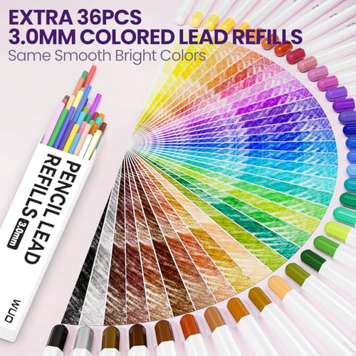 WUO 3.0mm Mechanical Colored Pencils 36PCS with 36 Lead Refills | Refillable Colored Pencil Set with Sharpener and Portable Case for Adult Coloring, Drawing, Sketching and Art Projects