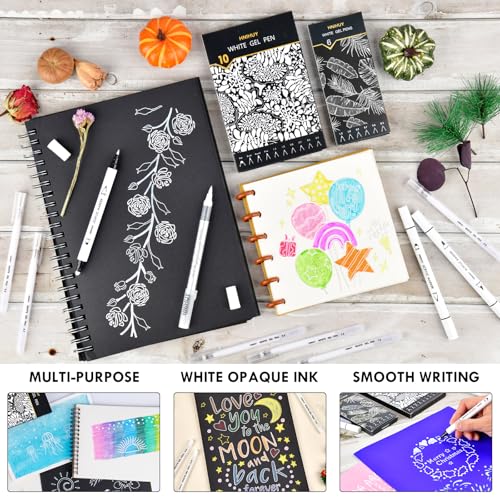 White Pens Set, White Gel Pens, Dual-Tip Acrylic Paint Pen | 6 Size Opaque Gel Ink Pen Brush Tip Acrylic Markers for Drawing, Sketching, Illustration, Card Making, Bullet Journaling - size: 10