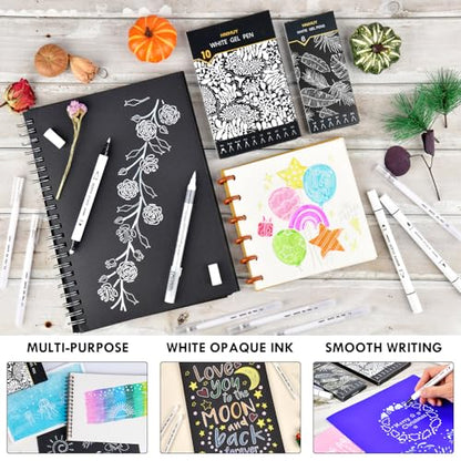 White Pens Set, White Gel Pens, Dual-Tip Acrylic Paint Pen | 6 Size Opaque Gel Ink Pen Brush Tip Acrylic Markers for Drawing, Sketching, Illustration, Card Making, Bullet Journaling - size: 10