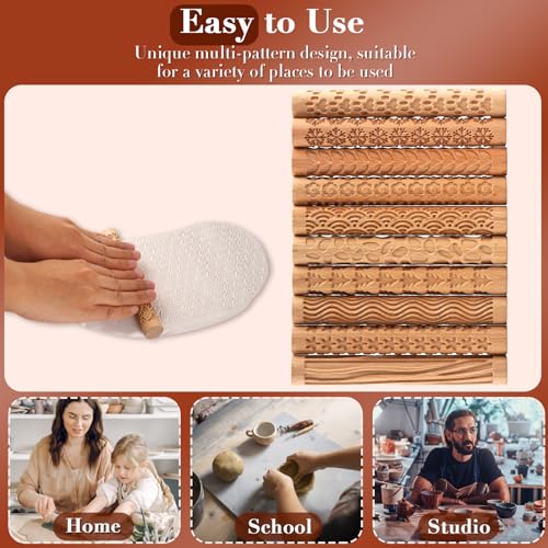 Lzttyee Wooden Handle Pottery Tools Clay Modeling Pattern Rollers, Brown | Clay Texture Rollers Set of 10 - color: Set of 10
