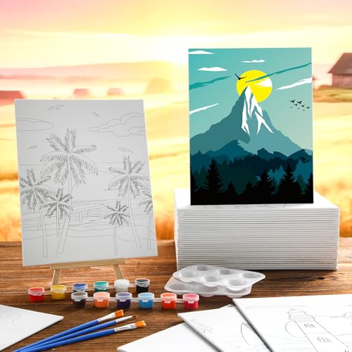 Harloon 36 Pcs 8 x 10 Inch Pre Drawn Canvas for Painting Pre Stretched Canvas Painting for Adults Illustration Landscape Outline for Sip and Paint Party Supplies Favor - style: Mountain