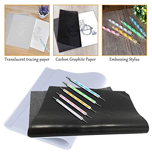 100 Sheets Tracing Paper,Carbon Graphite Transfer Paper with 5 Pieces Embossing Styluses Stylus Dotting Tools for Wood,Paper,Canvas and Other Art Surfaces (8.3 x 11.7 inch,White/50Pcs,Black/50Pcs) - color: White, Black (100 Sheets)
