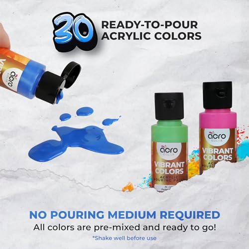 Acrylic Pouring Paint Set - 30 Basic, Neon, Metallic, and Pastel Colors - Easy To Use & Ready To Pour Acrylic Paint for Canvas, Paper, Wood, and More - 2 Ounce Bottles - style: Vibrant - 30 Colors