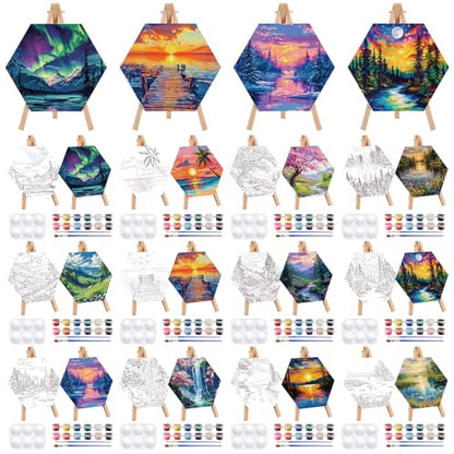Watersay 12 Set Kids Pre Drawn Canvas for Painting Kit 12 Pcs 6" x 6" Landscape Printed Pre Drawn Canvas, Easels, Palette, Paint Pot, 24 Brushes Kid Paint Party Favor for DIY Classroom Craft Activity - style: Landscape
