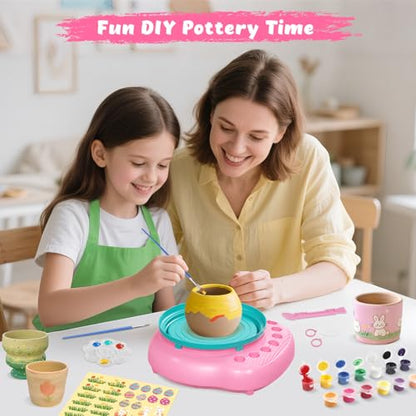 Pottery Wheel for Kids with Air Dry Clay Kit, 12 Paints & Tools, Ages 6-12 | No kiln needed: shape on the electric wheel, air-dry & paint. Gentle beginner speed; kit adds 3 clay packs, tools & apron - color: pink/cyan
