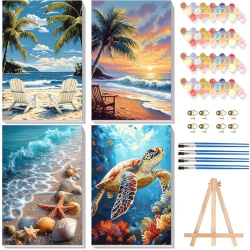 4 Pack Beach Paint by Numbers for Adults with Framed Canvas - Wooden Easel - color: BKMT0055+BKMT0056+BKMT0057+BKMT0058