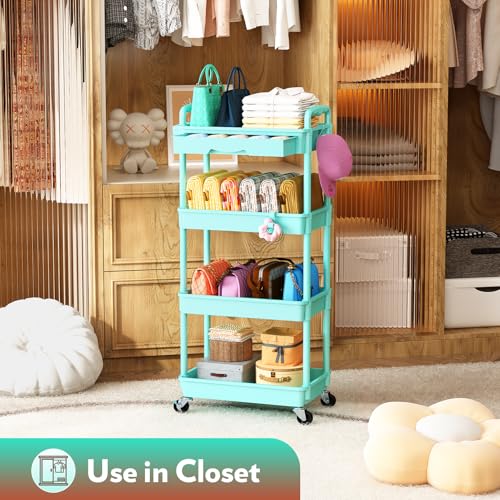 SUNALLY Makeup Cart Organizer with Drawer, 4 Tier Rolling Makeup Cart, Blue - color: Blue, size: 4 Tier