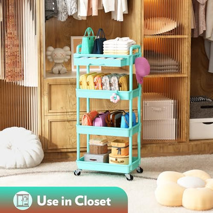 SUNALLY Makeup Cart Organizer with Drawer, 4 Tier Rolling Makeup Cart, Blue - color: Blue, size: 4 Tier