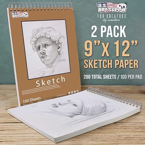 U.S. Art Supply 9"x12" Top Spiral Bound Sketch Book, 2 Pack, 100 Sheets Each, 60lb (100gsm), Acid-Free, Artist Sketchbook, Drawing Pad for Adults & Students - size: 9-x-12-inch