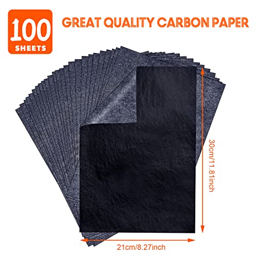 PSLER 100 Sheets Carbon Transfer Paper - Tracing Paper & 3 Embossing Stylus | Use with Carbon Paper, Dark Carbon Copy Paper for DIY Woodworking, Canvas, Art Crafts, Pattern Transfer & Drawing Surfaces - size: A4 (100 Sheet with 3PCS Embossing Stylus)