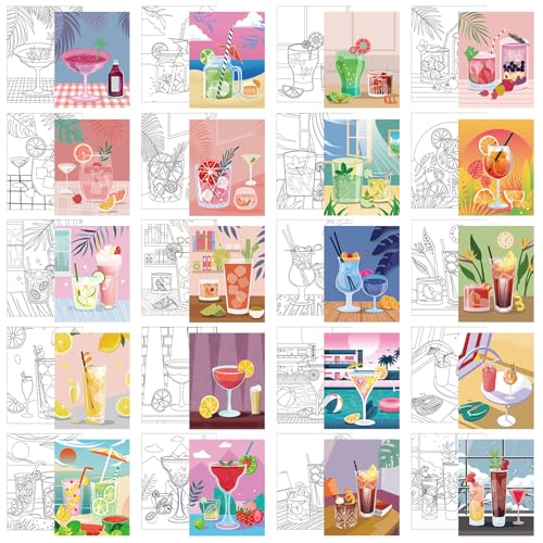 Sherr 20 Pcs Pre Drawn Canvas for Art Painting for Adults, Cocktail | Bulk 8" x 10" Pre Stretched Outline Painting Boards for Beginners Students, Party Favor - style: Cocktail