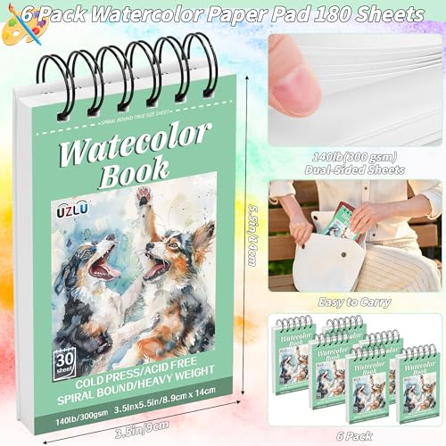 6 Pack Watercolor Paper Pad, 3.5x5.5 Inch Water Color Paper, 140lb/300gsm, Cold Press, Acid-Free, 180 Sheets Spiral Bound Watercolor Paper Pad for Wet & Dry Media, Ideal for Adults, Artists - size: 3.5x 5.5 in