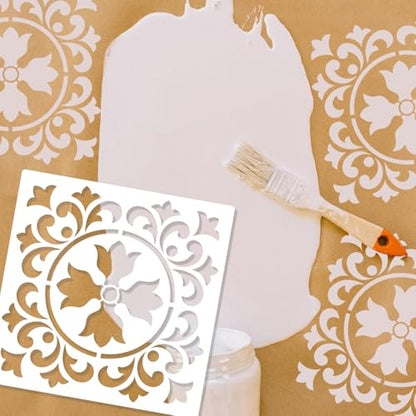 9PCS Reusable Tile Stencils 8x8 Inch - Spanish Talavera & Mandala Painting Templates for Floors, Walls, Furniture DIY Home Decor - Wall Floor Stencils Set