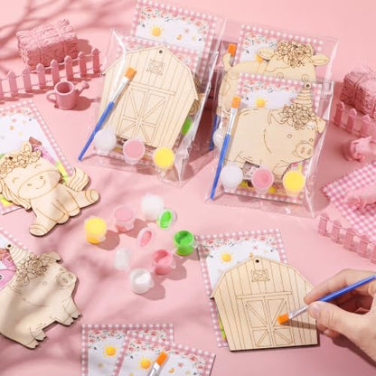 Saypacck 24 Pcs Party Favors Wooden Painting Craft Kits Birthday Party Supplies with Organza Bag for Goodie Bags Fillers Adult Thank You Gifts(Pink Farm) - style: Pink Farm