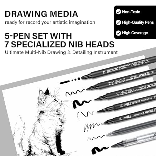 5 Black Acrylic Pens Set, Black Gel Pens, Dual-Tip Acrylic Paint Markers | Opaque Brush Tip Black Acrylic Markers for Highlighting Drawing, Sketching, Illustration, Card Making