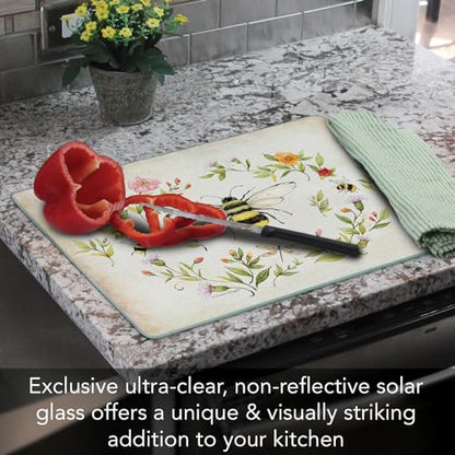 CounterArt Bee Wreath 3mm Tempered Glass Cutting Board 15” x 12” | Serving Board Charcuterie Board - color: Bee Wreath