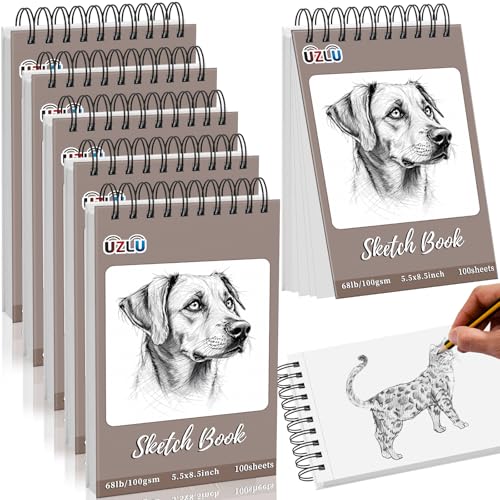 UZLU 6 Pcs Sketch Book Bulk 5.5 x 8.5 in 600 Sheets Top Spiral Bound Sketch Pad Drawing Paper 100 Sheets Each Acid Free Mixed Media Sketchbook 68lb/100gsm Art Supplies for Beginner Artist - size: 5.5x8.5in