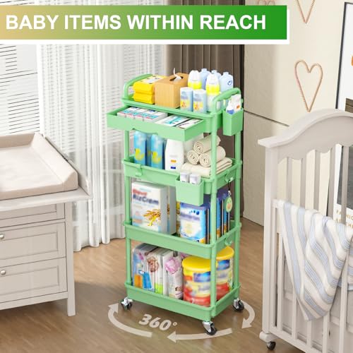 Goovilla 4 Tier Rolling Utility Cart Organizer with Removable Drawer, Green | Stable and Sturdy Rolling Storage Carts with 2 Lockable Wheels for Bathroom, Kitchen, Snack, Craft, Makeup, Baby Essentials - size: 4 Tier, style: Green