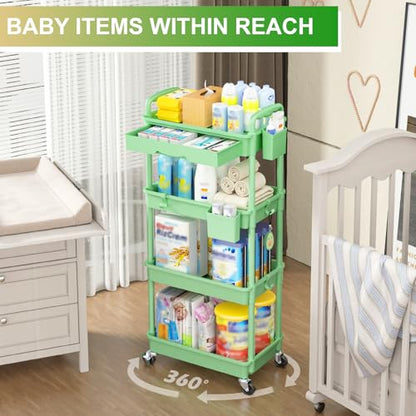 Goovilla 4 Tier Rolling Utility Cart Organizer with Removable Drawer, Green | Stable and Sturdy Rolling Storage Carts with 2 Lockable Wheels for Bathroom, Kitchen, Snack, Craft, Makeup, Baby Essentials - size: 4 Tier, style: Green