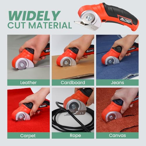 VLOXO Electric Scissors Cordless Cardboard Cutter Power Box Cutter | Safety Lock, Adapter Charging, Tungsten Blade Rechargeable Mini Scissors for Plastic Leather Canvas with Storage Box Orange - color: Orange
