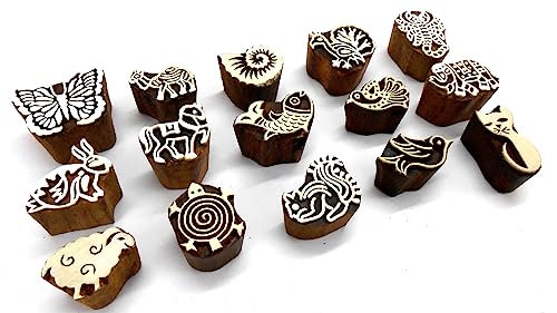 CraftsofIndia® Animals and Birds Wooden Blocks for Stamping, Block Printing on Textiles, Pottery Crafts,Henna, Wall Painting (Set of 15) - size: Pack # 100