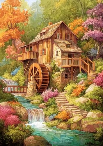 Watermill Diamond Art Kits for Adults, Landscape Diamond Art 12X16 Inch | Easy 5D Diamond Art Kits, Round Dots Full Drill, DIY Diamond Painting Kit for Adult Beginners, Home Wall Decor Gifts - color: Country 12