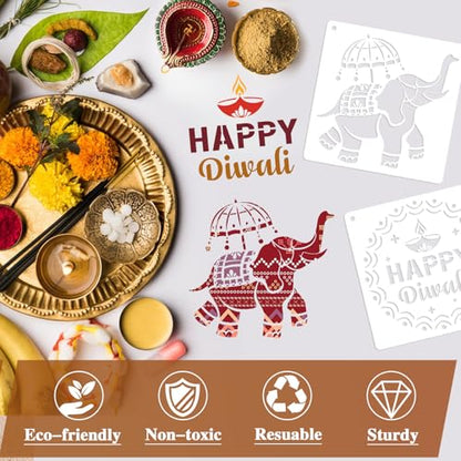 Konsait 16 PCS Diwali Rangoli Stencils for Painting on Wood, Reusable Mandala Stencils Templates Diyas Marigold Flower Rangoli Stencil for Diwali Crafts Decorations for Home