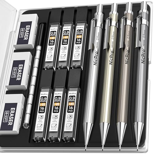 Nicpro 4 Pack Metal Mechanical Pencil Set 0.9mm, MB1000 Lead Drafting Pencil 0.9 mm with 6 Tube HB #2 Lead Refill, 3PCS 4B Eraser, 9 Cap Eraser for Artist Writing, Sketching, Drawing- Come with Case | 6 Tube HB #2 Lead Refill, 3PCS 4B Eraser, 9 Cap Eraser