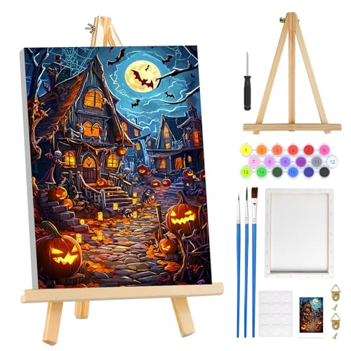 MOGTAA Halloween Paint by Numbers Kit for Adults Beginners with Frame, Pumpkin Castle Adult Paint by Number Kits on Canvas with Easel, Easy DIY Oil Painting Kits for Home Decor, 8x12in - color: Halloween2