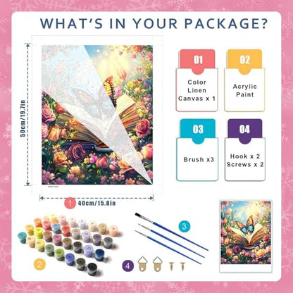 Book Paint by Numbers Kit for Adults, Paint by Number for Adults 16x20 Inch - color: Book Butterfly Flowers