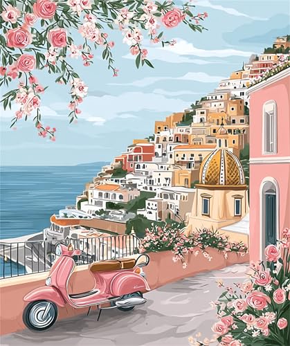 Jiqinsiye Houses Adults Paint by Number Kits,Seaside Town Painting by Number Kits on Canvas,Large Color by Numbers Adult Watercolor Gifts for Friends Wall Decor - color: seaside town