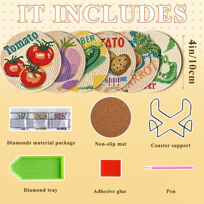 DOTSOPS 6 Pcs Vegetable Diamond Painting Coasters with Holder for Beginners - color: Evegetable