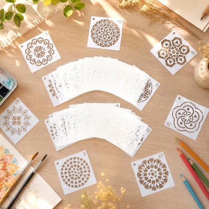 MWOOT 56 Pcs Mandala Stencils, Floral Templates for Painting on Wood, Tile, Stone, Canvas, Floral Stencils for Crafts Reusable, DIY Crafts Scrapbook Decor, 7.62x7.62 CM