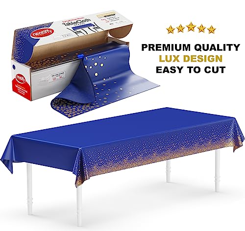 Neatiffy Disposable Plastic Table Cloth Roll with Slide Cutter | Waterproof Cover for Rectangle, Square, Oval Tables | Picnic, Party, Banquet, Birthdays, Weddings - Blue with Gold Dots - color: Blue Gold Dots, size: 54 inches X 100 feet
