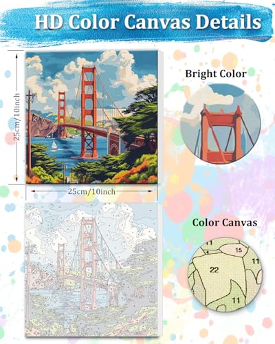 TOCARE Framed Paint by Numbers Kit for Adults Beginners & Kids Ages 8-12, Golden Gate Bridge Paint by Number with Frame, San Francisco Paint by Numbers Framed Canvas (10x10 Inch,Without Easel) - color: TC-F-197