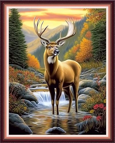Fanxvivy Stamped Cross Stitch Kits for Beginners Full Range of Cross Stitching Preprinted Embroidery Kits for Adults, 11CT Embroidery Pattern Needlepoint Kits-Early Morning elk 16x20 inch - color: Artdesign09