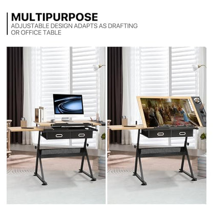 39‘’ Adjustable Drafting Table & Stool Set with Storage, Natural | Versatile Art Desk and Craft Center Home Study Room Artist Desk - color: Natural/Black