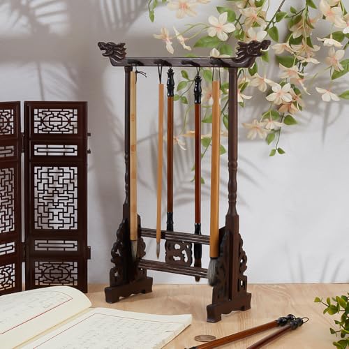 PH PandaHall 8-Pin Wood Calligrapghy Brush Holder Chinese Brushes Hanging Holder Japanese Calligraphy Pen Hanger Carving Sumi Brush Stand Wenge Writing Brushes Rack for Beginners Students Professional - size: 8-Pin