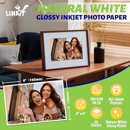 Uinkit Bright White Single Sided Glossy Photo Paper - 4x6 Inch 180gsm (48lb), 50 Sheets Instant Dry Dye Inkjet Paper, Scratch Resistant Professional Photo Printing for Home DIY Memories - size: 4x6x50, style: White Glossy