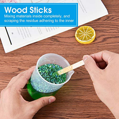 Coopay 12 Pack 300ml/10.1oz Plastic Beakers Epoxy Mixing Cups, Plastic Graduated Cups Clear Multipurpose Measuring Cups with 50 Pack Wooden Stirring Sticks for Resin, Epoxy, Stain, Mixing Paint - size: 300ml