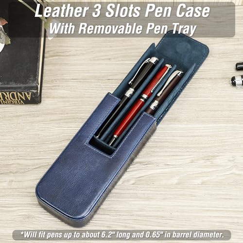 Top Grain Genuine Leather 3 Fountain Pen/Pencil Tray Case Holder, Solid Fashion Design, Handmade, Magnetic Closing with Drawer Design, Gift Choice for Man/Woman/Office, Glossy Blue, 3 Slots - color: Glossy Blue, size: 3 Slots -【Magnetic Closure】