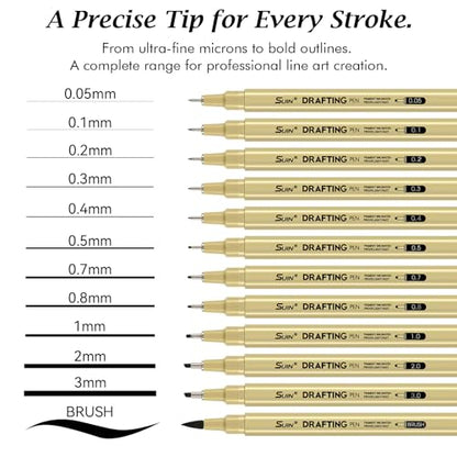 SUIN 12 Pack Black Fineliner Pens, Waterproof Drafting Pens with Assorted Micro Tips & Brush, Professional Multiliner Ink Pens for Technical Drawing, Anime Sketching, Architecture & Adult Art