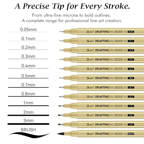 SUIN 12 Pack Black Fineliner Pens, Waterproof Drafting Pens with Assorted Micro Tips & Brush, Professional Multiliner Ink Pens for Technical Drawing, Anime Sketching, Architecture & Adult Art